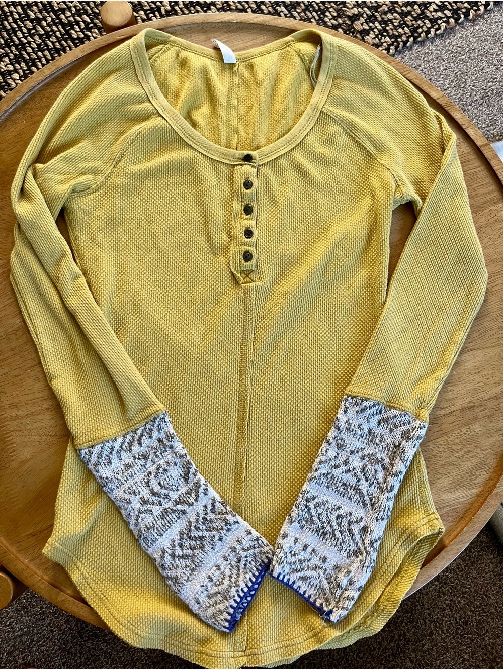 Free People Yellow Waffle Knit Henley Top Boho Contrast Knit Cuffs Women’s M